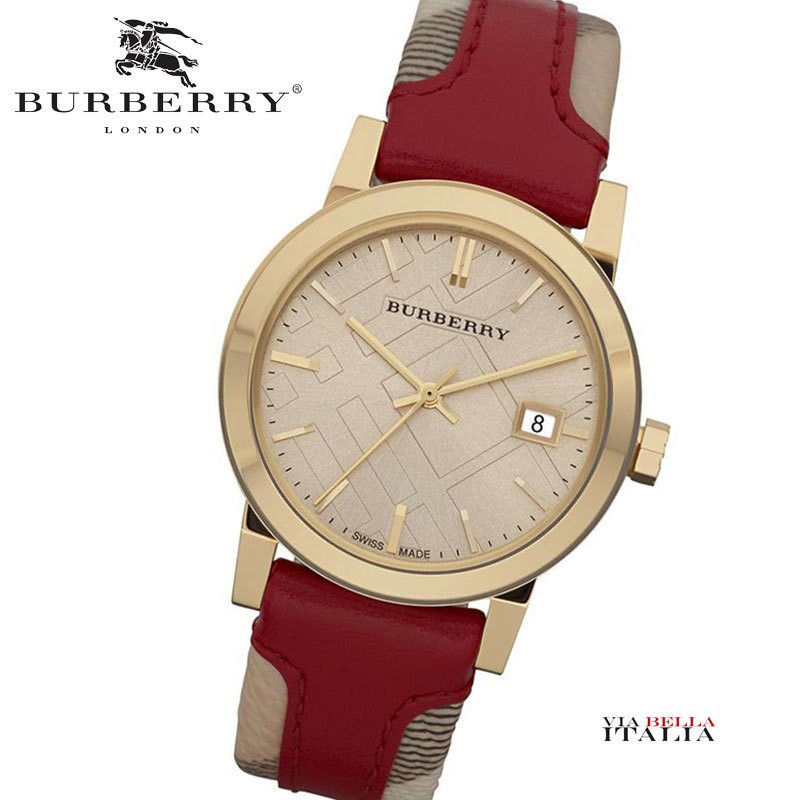 BU9111 Burberry Women Quartz Analog Date Red Leather and Check 