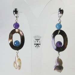 Silver earrings with pearls, mother of pearl, angelite and amethyst