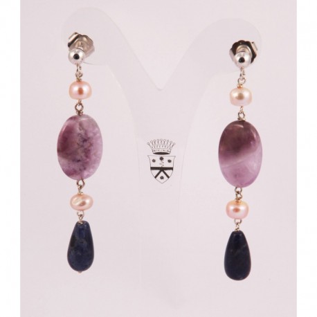 Silver earrings with pearls, amethyst and lapis lazuli
