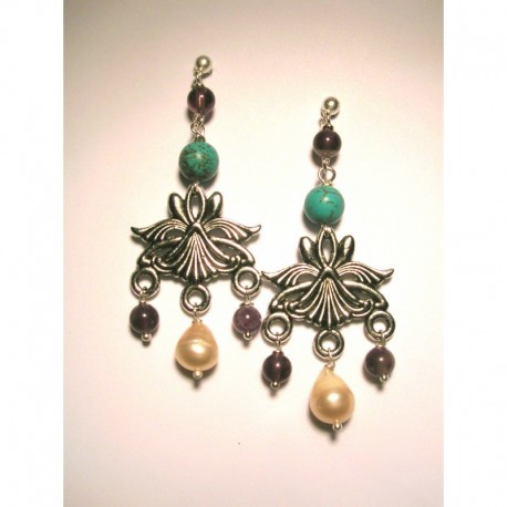 Chandelier earrings with pink freshwater pearls, amethyst and turquoise paste