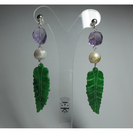 Silver earrings with Burma jade, pearls and amethyst