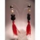 Earrings with resin owl, freshwater pearls and tassels of red silk