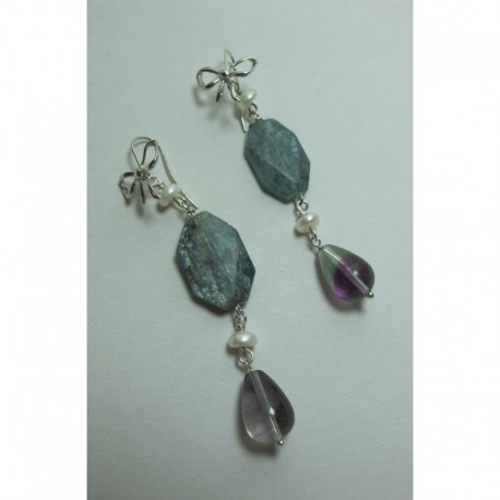Silver earrings with fluorite, kyanite and pearls