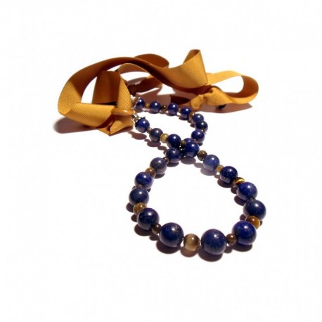 Collana con lapislazzuli e occhio di tigre e nastro oro