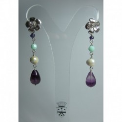 Silver earrings with fluorite, amethyst, Swarovski crystal and pearls