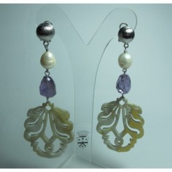 Earrings with carved horn, pearls and amethyst