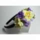 Headband in purple satin with silk flower and freshwater pearls