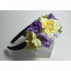 Headband in purple satin with silk flower and freshwater pearls