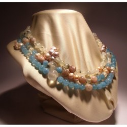 Multistrand necklace with pink freshwater pearl, angelite, prehnite and moonstone