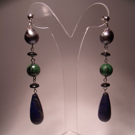 Orecchini in argento con perle, rubizoisite, lapislazzuli ed ematite