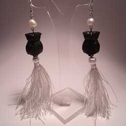 Earrings with resin owl, freshwater pearls and tassels of white silk