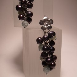 Silver earrings as "bunch" of pearls and aquamarine
