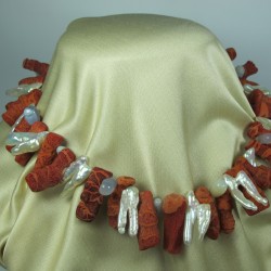 Necklace with madrepora (sponge coral), pearls and chalcedony