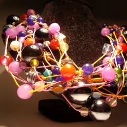 Collana multifilo in cotone lilla e arancio vetri, ceramica , murrine