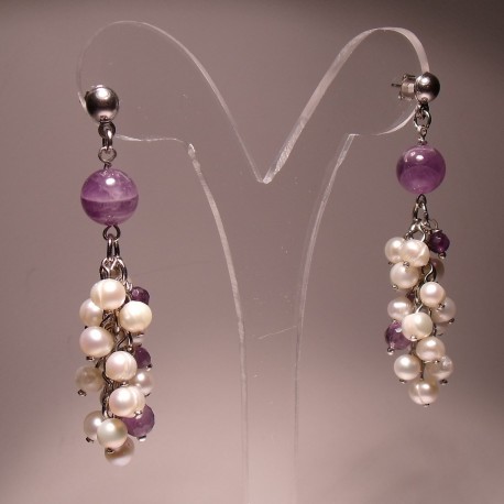 Silver earrings as "bunch" of pearls and amethyst