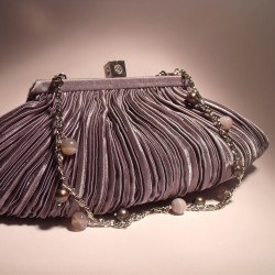 Gray satin clutch with pleated pattern with chain and gray pearls and agate