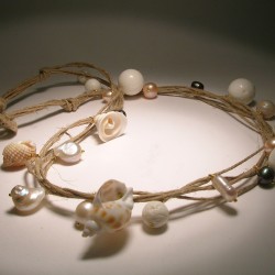 Multi-strand hemp necklace with pearls, shells and madrepora