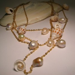 Brass necklace with freshwater pearls and shells