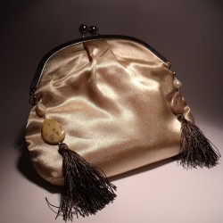 Ivory satin clutch with pearls, jasper and brown tassels