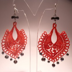 Chandelier earrings with pearls, hematite and LineaErre red embroidery