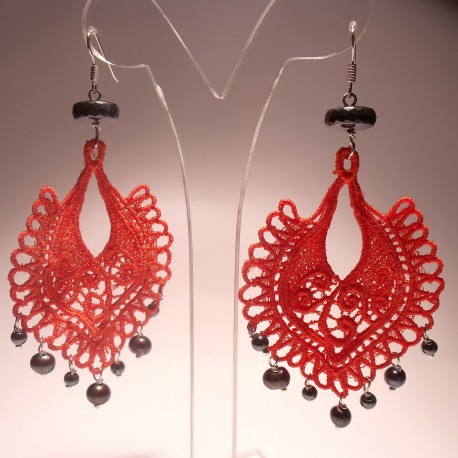 Chandelier earrings with pearls, hematite and LineaErre red embroidery