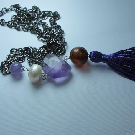 Long necklace with pearl, amethyst, agate, ametrine and tassel