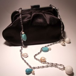 Black satin clutch with chain, pearls, turquoise and madrepora