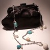 Black satin clutch with chain, pearls, turquoise and madrepora