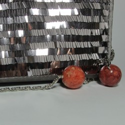 Gray satin clutch with paillettes, madrepora and pearls